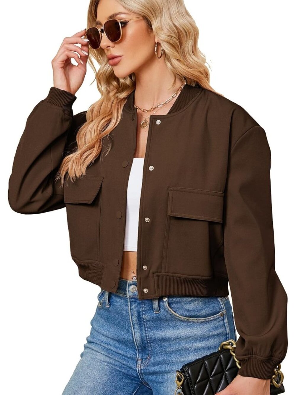 Women's Coffee Stylish Short Trendy Casual Lightweight Side Pocket Bomber Jacket